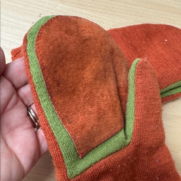 Rust Orange knit sweater and suede fleece lined Mittens with Lion Detail buttons - Picture 3 of 4